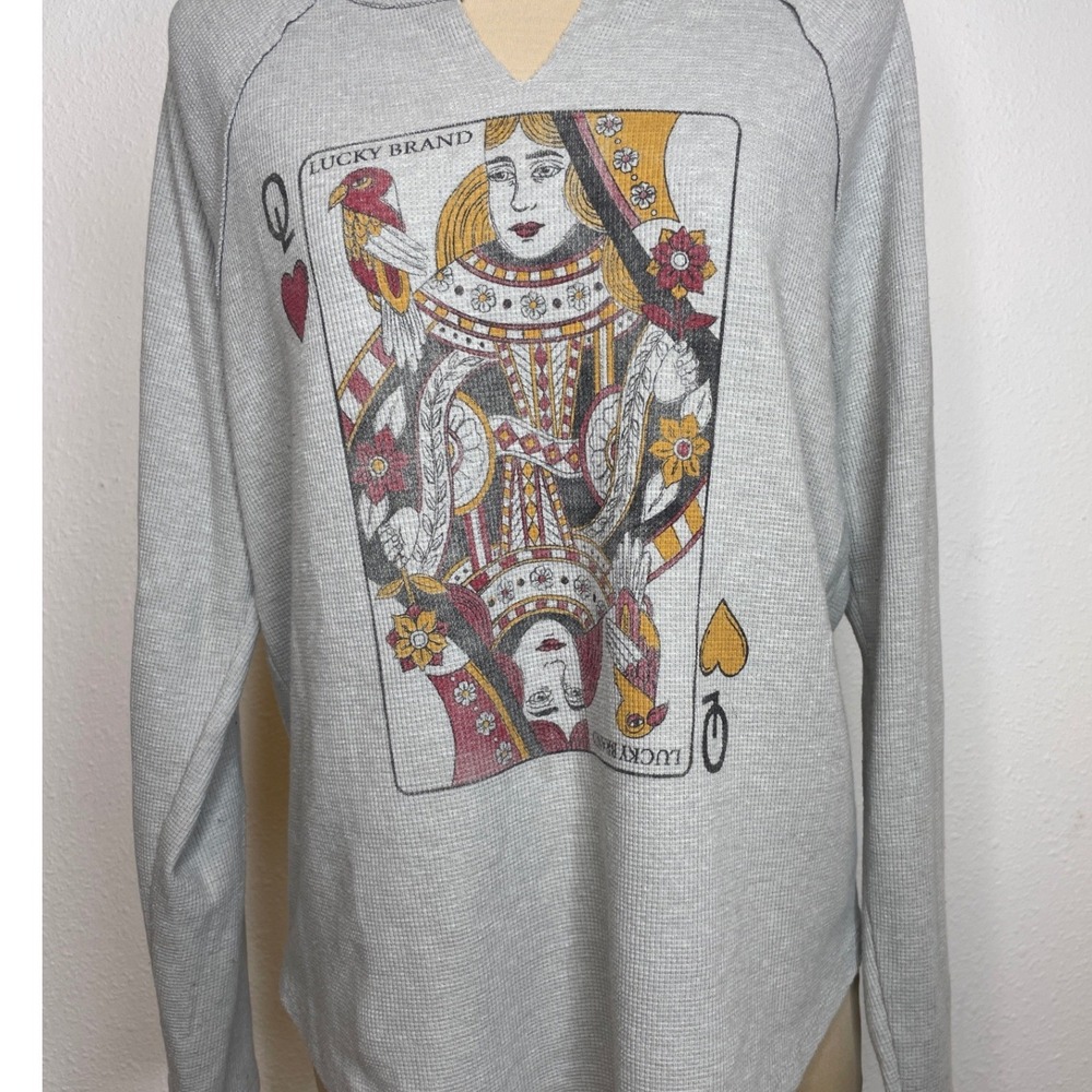 Lucky Brand Womens Thermal Queen of Hearts Graphic Top S Grey Y2K Grunge